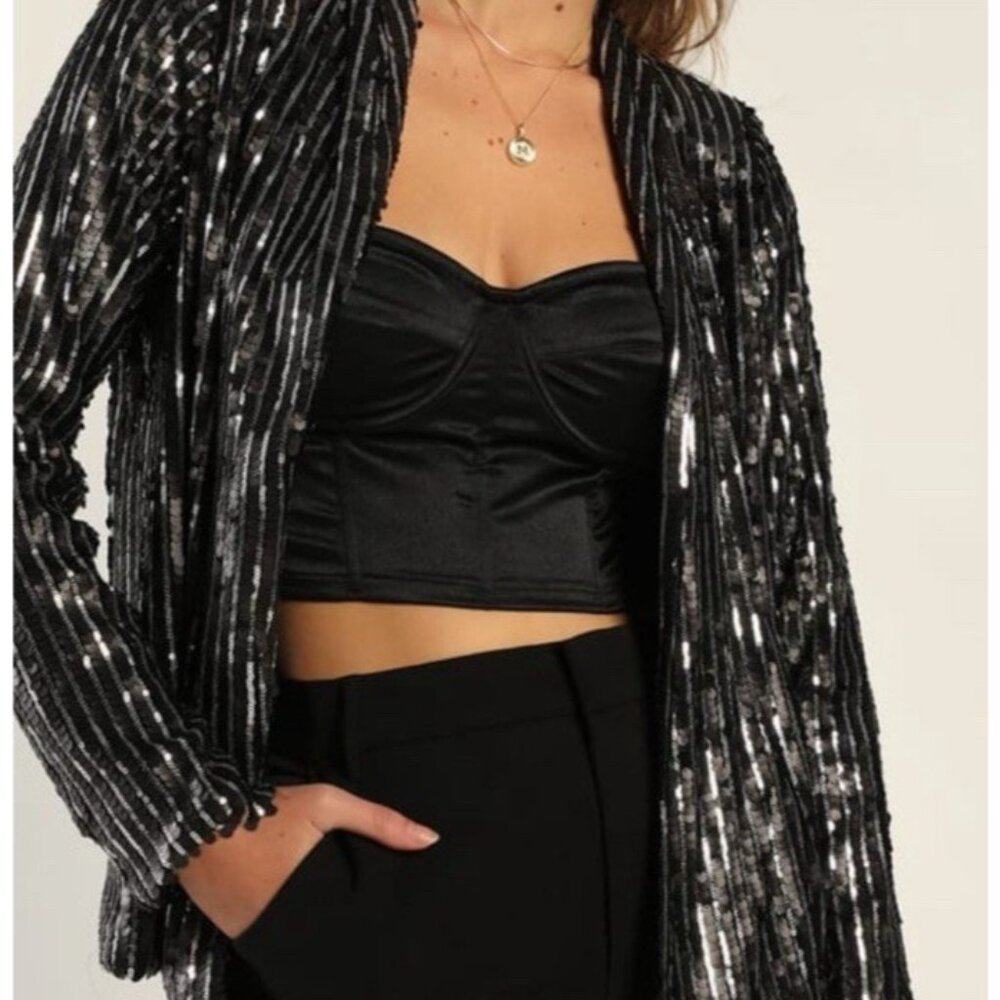 Lulus Sequin Jacket S Small Black Silver Wedding … - image 1